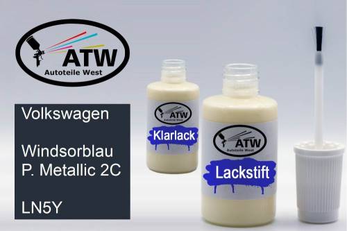 Volkswagen, Windsorblau P. Metallic 2C, LN5Y: 20ml Lackstift + 20ml Klarlack - Set, von ATW Autoteile West.